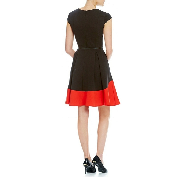 π CALVIN KLEIN Belted Colorblock Fit Flare Dress - Picture 5 of 6